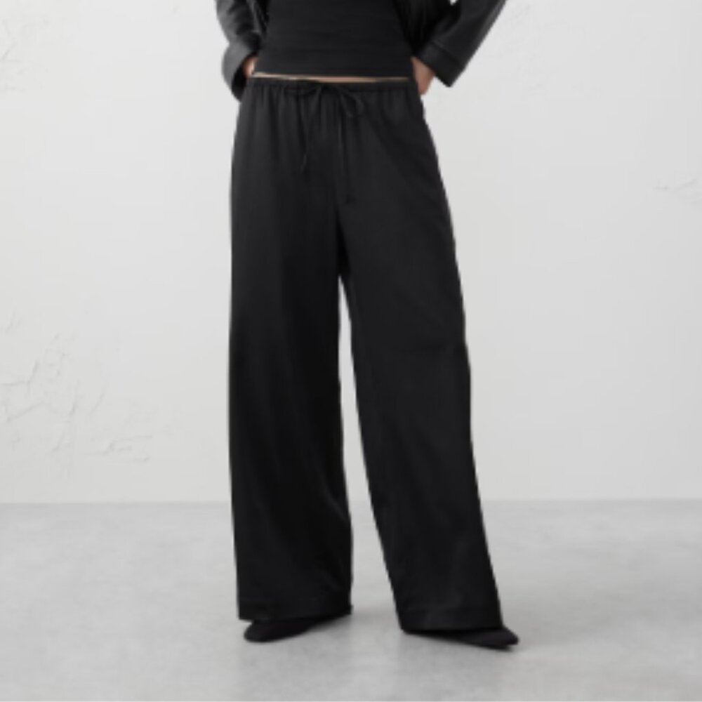 Banana Republic Wide-Leg Crinkled Satin Pull-On Pants Black XXS